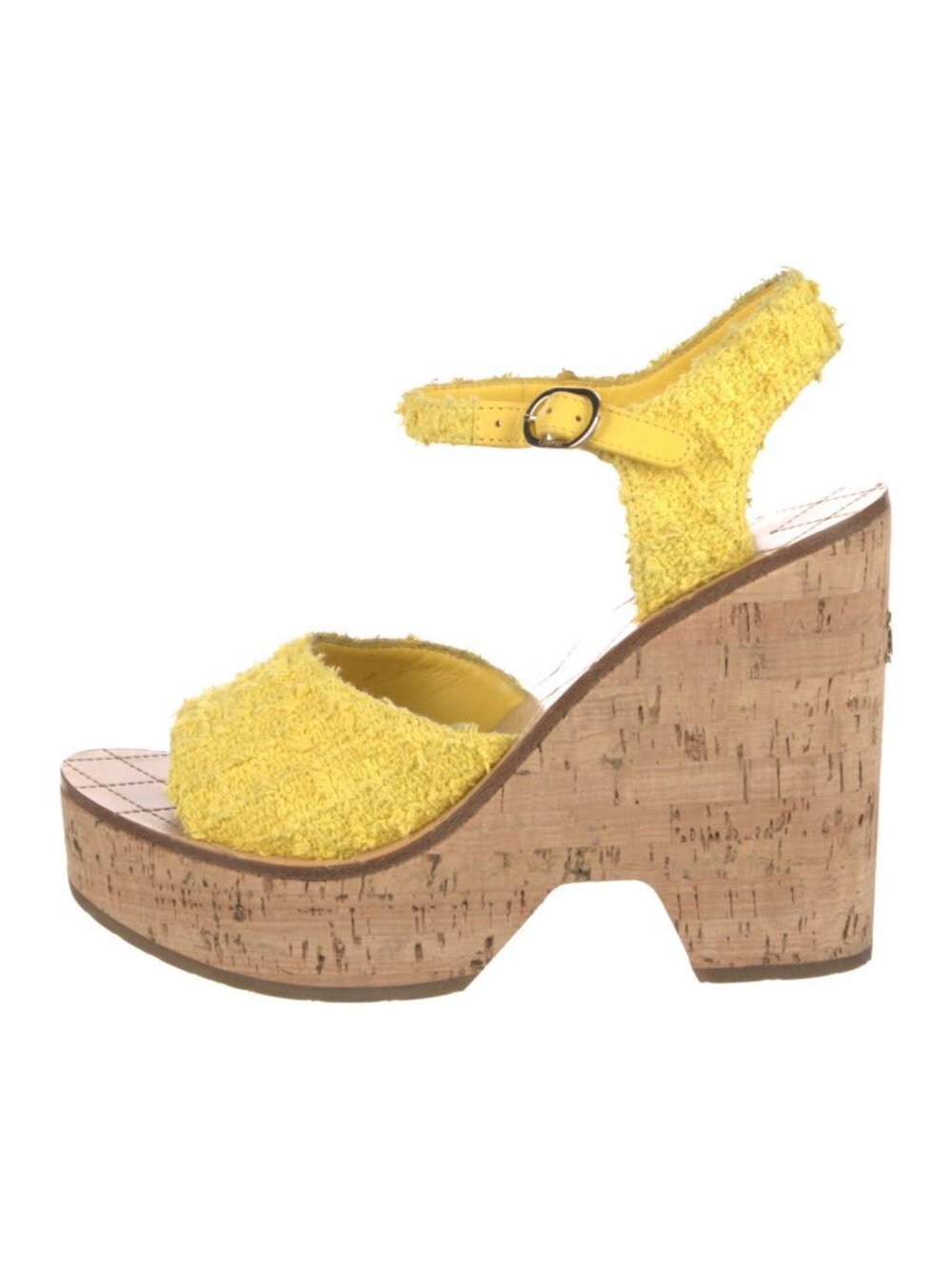 Chanel Yellow Tweed CC Logo Platform Cork Sandals